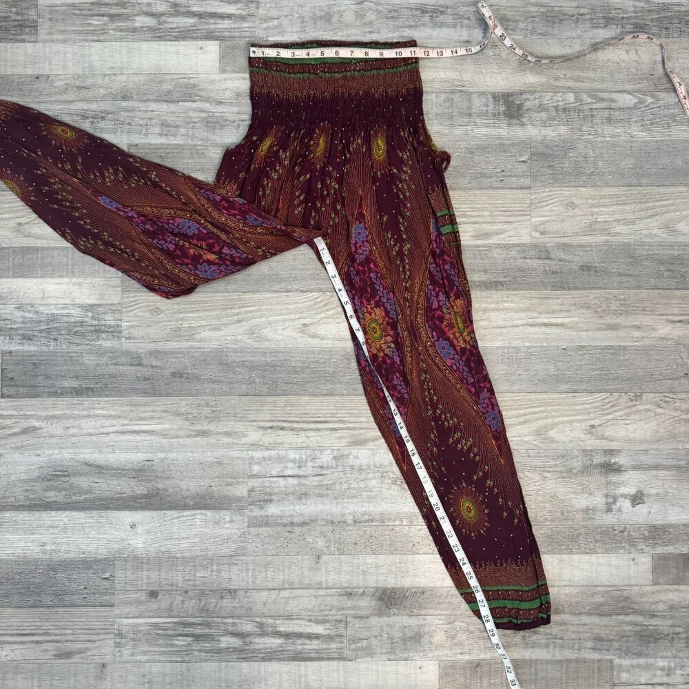 Burgundy Feather Print Harem Pants Size Medium Smocked Waist, Pockets M3 - Picture 4 of 7